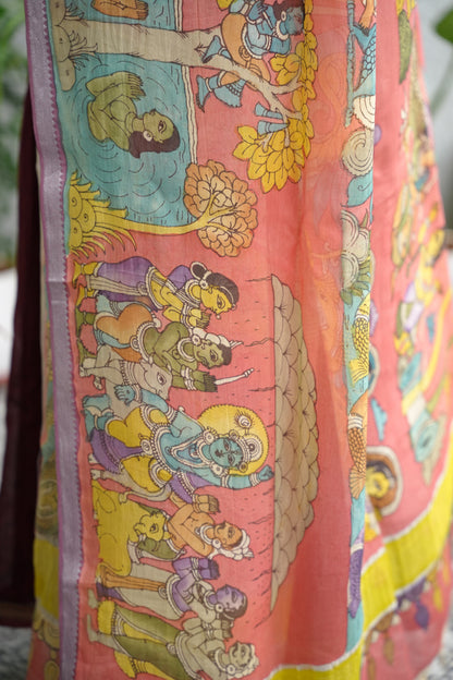 Peach Pen Kalamkari Mangalagiri silk Dupatta
