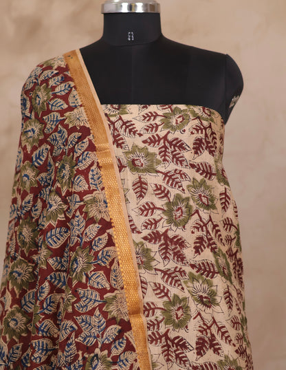 White And Maroon Hand Block Printed Kalamkari Unstitched 3pc Suit Set