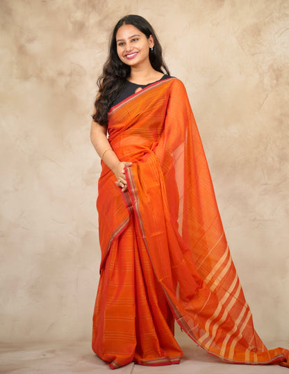 Orange Narayanpet Cotton Saree lines weaving | Looms & Tassels
