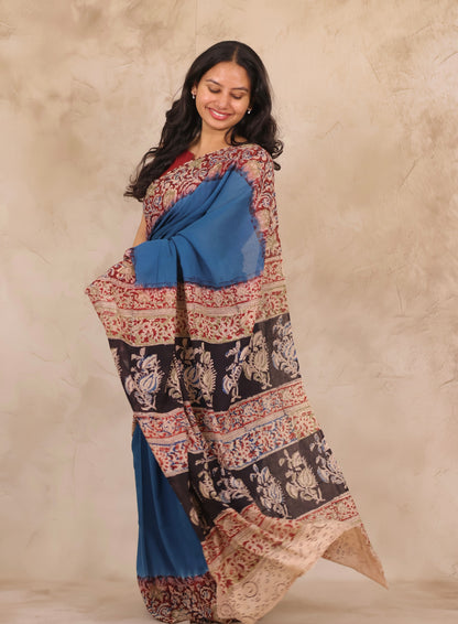 Cyan Blue Hand Block Printed Kalamkari Cotton Saree | Looms & Tassels