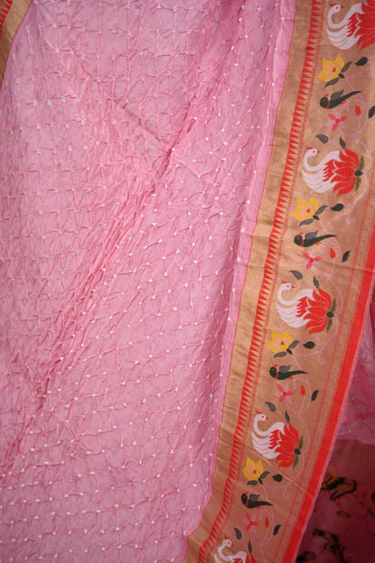 Pastel pink Handcrafted Bandhani Paithani Dola Silk Saree | Looms & Tassels