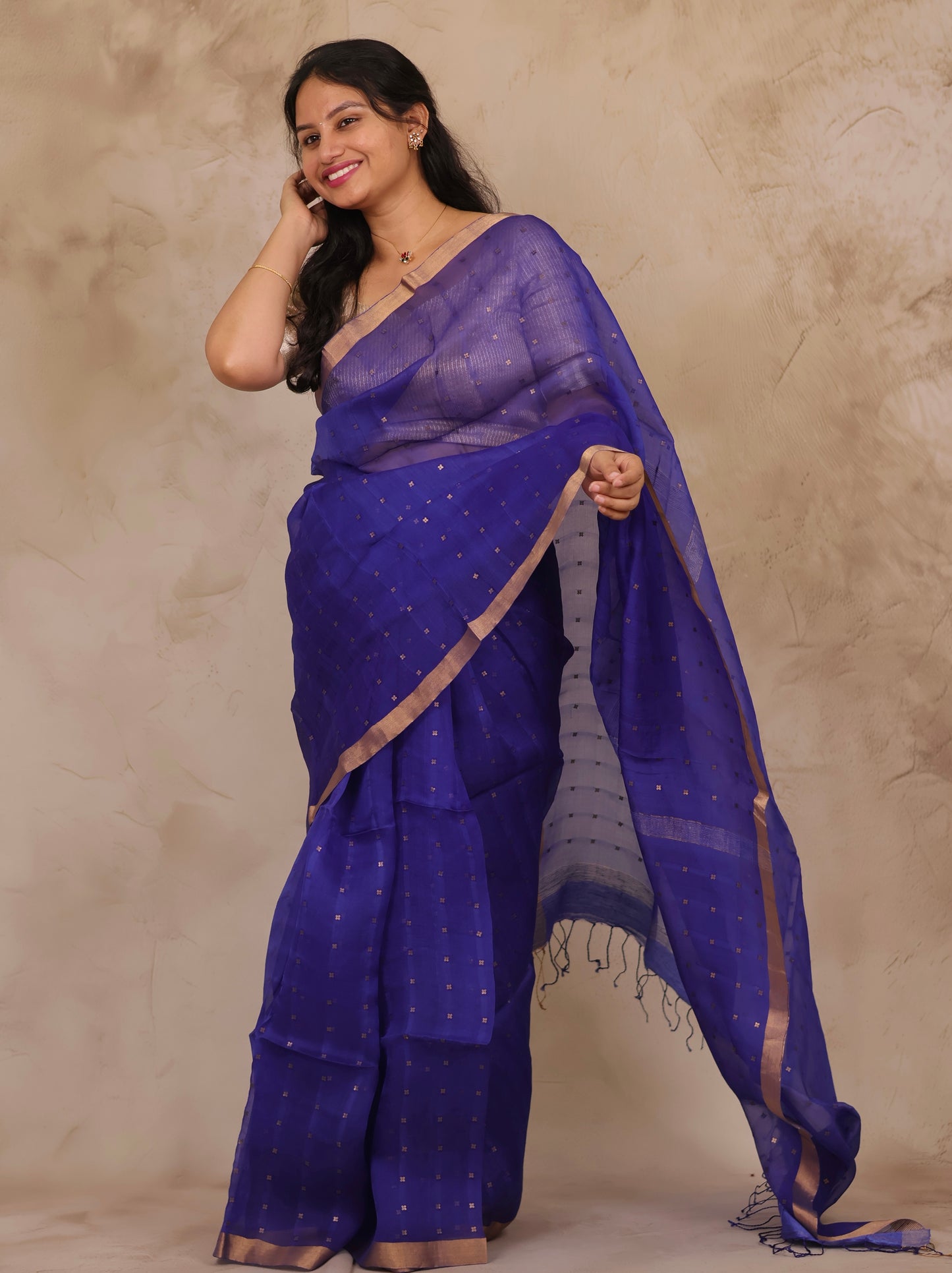 Blue Handwoven Muslin Silk Saree With Sequence Work | Looms & Tassels