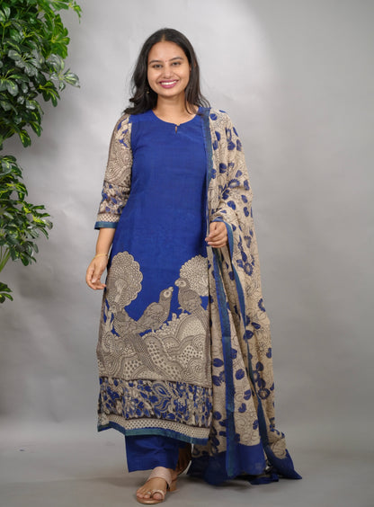 Blue Kalamkari Kota Cotton 3 piece suit (stitched) | Looms & Tassels