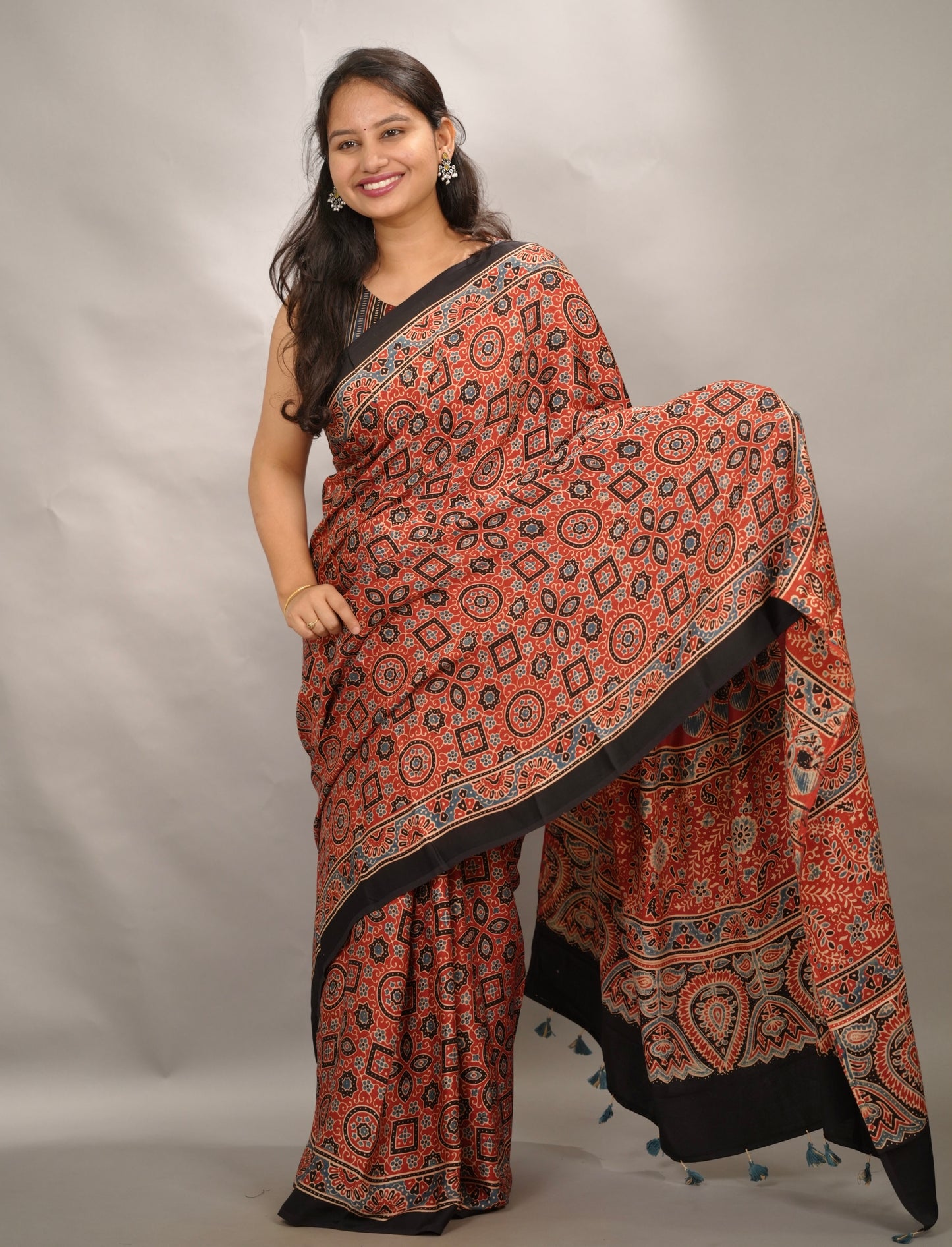 Red Authentic Ajrakh Handblock Printed Modal Silk Saree | Looms & Tassels