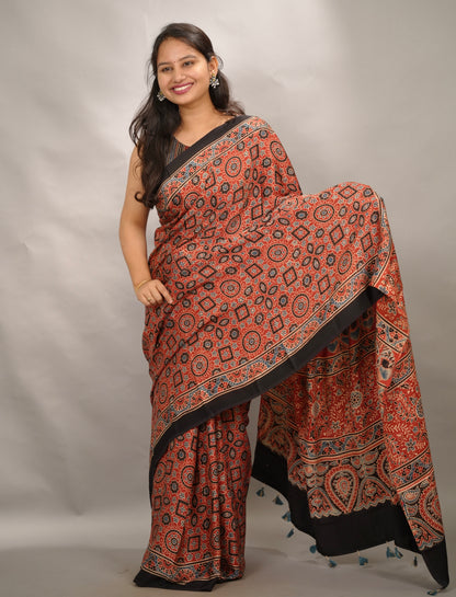 Red Authentic Ajrakh Handblock Printed Modal Silk Saree | Looms & Tassels
