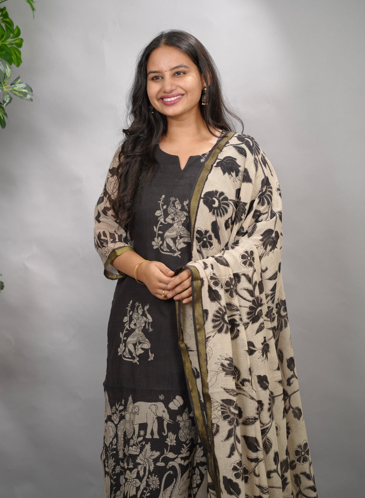 Black Kalamkari Kota Cotton 3 piece suit (stitched) | Looms & Tassels