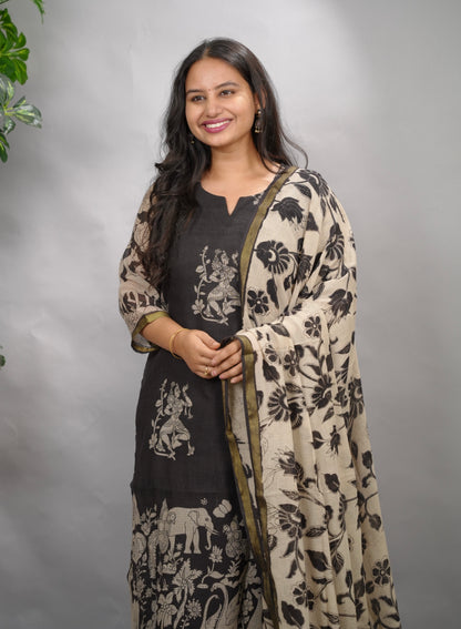 Black Kalamkari Kota Cotton 3 piece suit (stitched) | Looms & Tassels