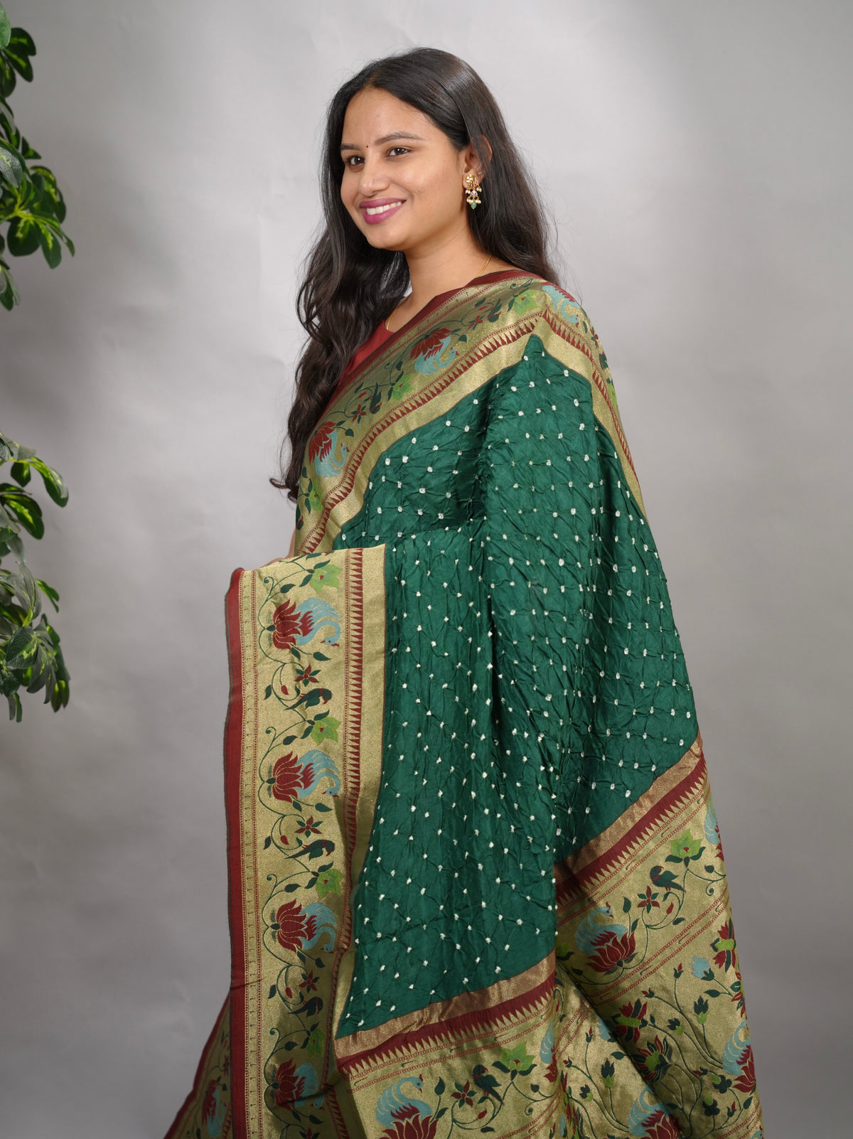 Green Handcrafted Bandhani Paithani Dola Silk Saree | Looms & Tassels