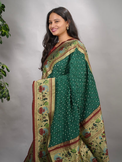 Green Handcrafted Bandhani Paithani Dola Silk Saree | Looms & Tassels