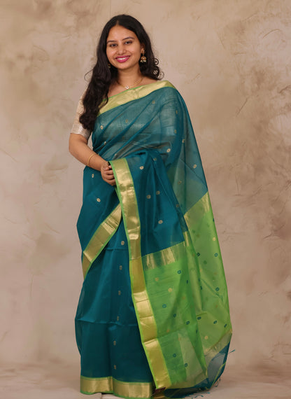 Rama Green Handloom Maheswari Silk Cotton Sarees | Looms & Tassels