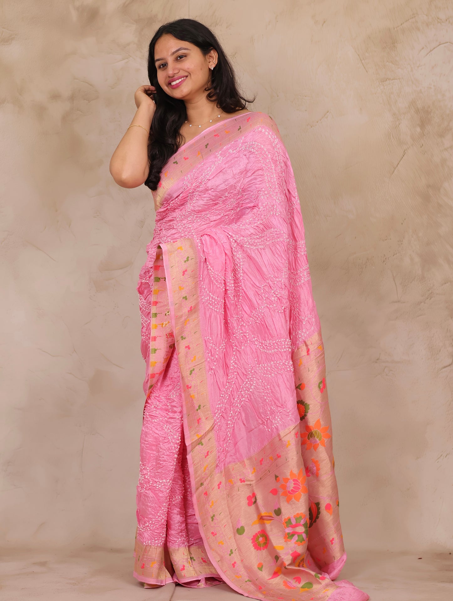 Baby Pink Handcrafted Pattern Bandhani Paithani Dola Silk Saree | Looms & Tassels