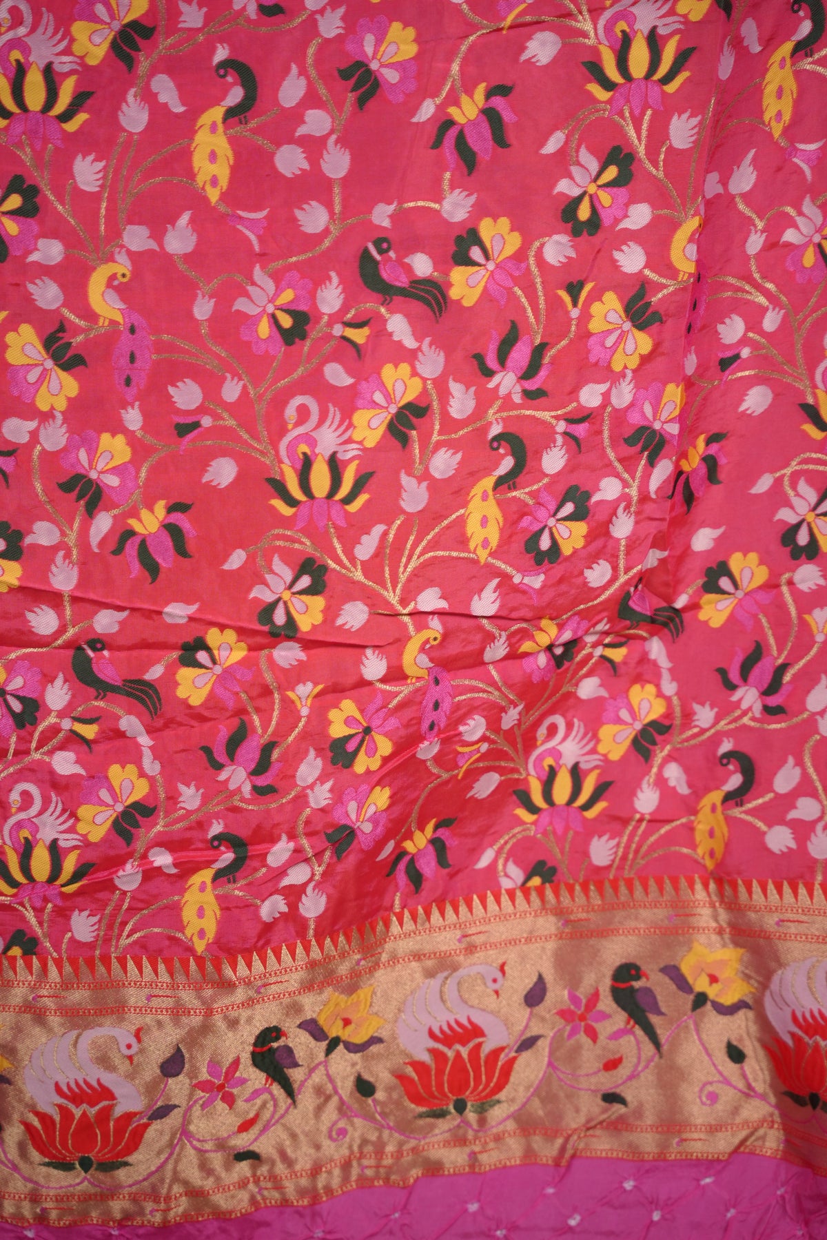 Pink Handcrafted Bandhani Paithani Dola Silk Saree | Looms & Tassels