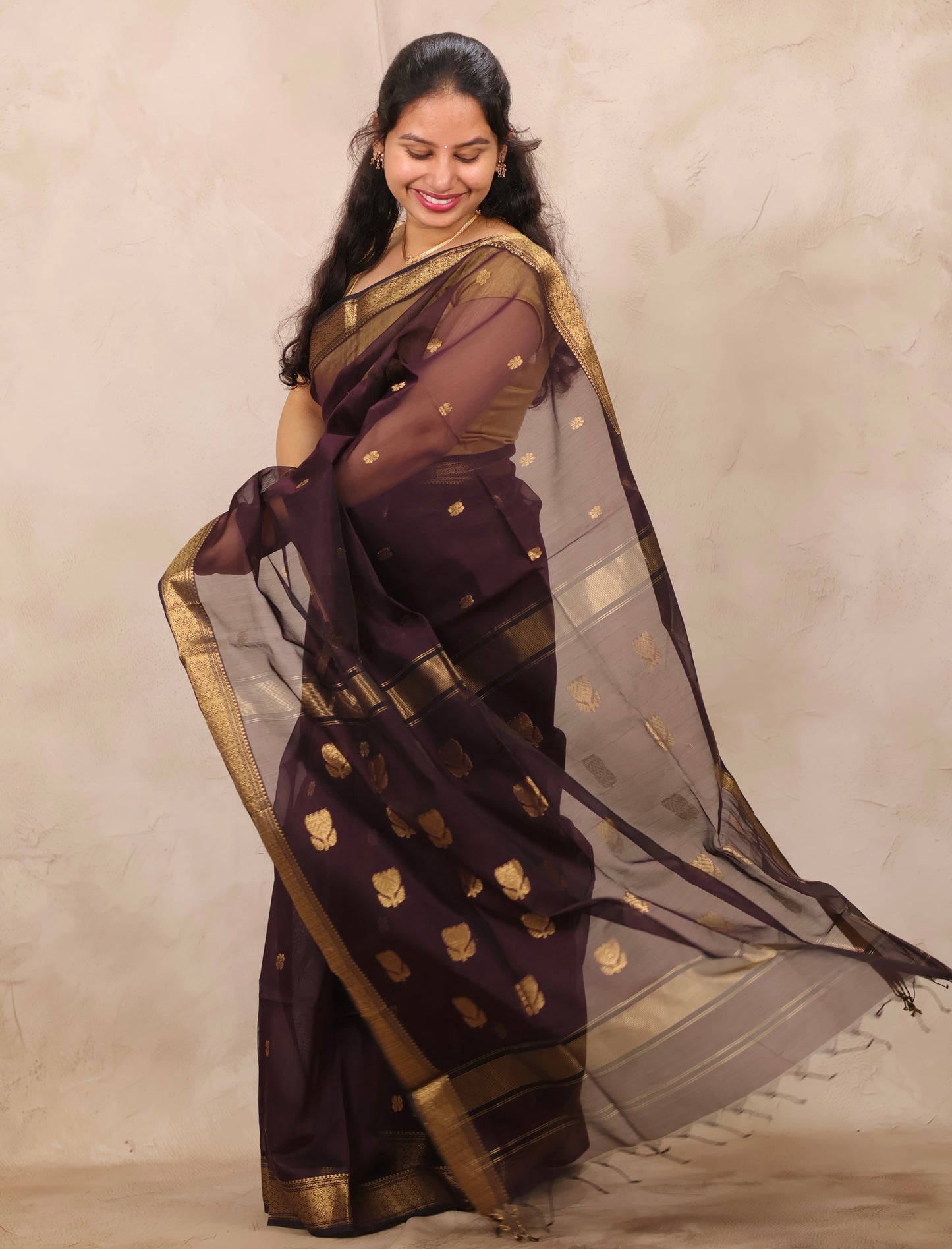 Chocolate Brown Handloom Maheswari Silk Cotton Sarees | Looms & Tassels