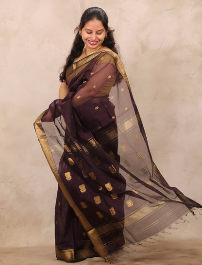 Chocolate Brown Handloom Maheswari Silk Cotton Sarees | Looms & Tassels