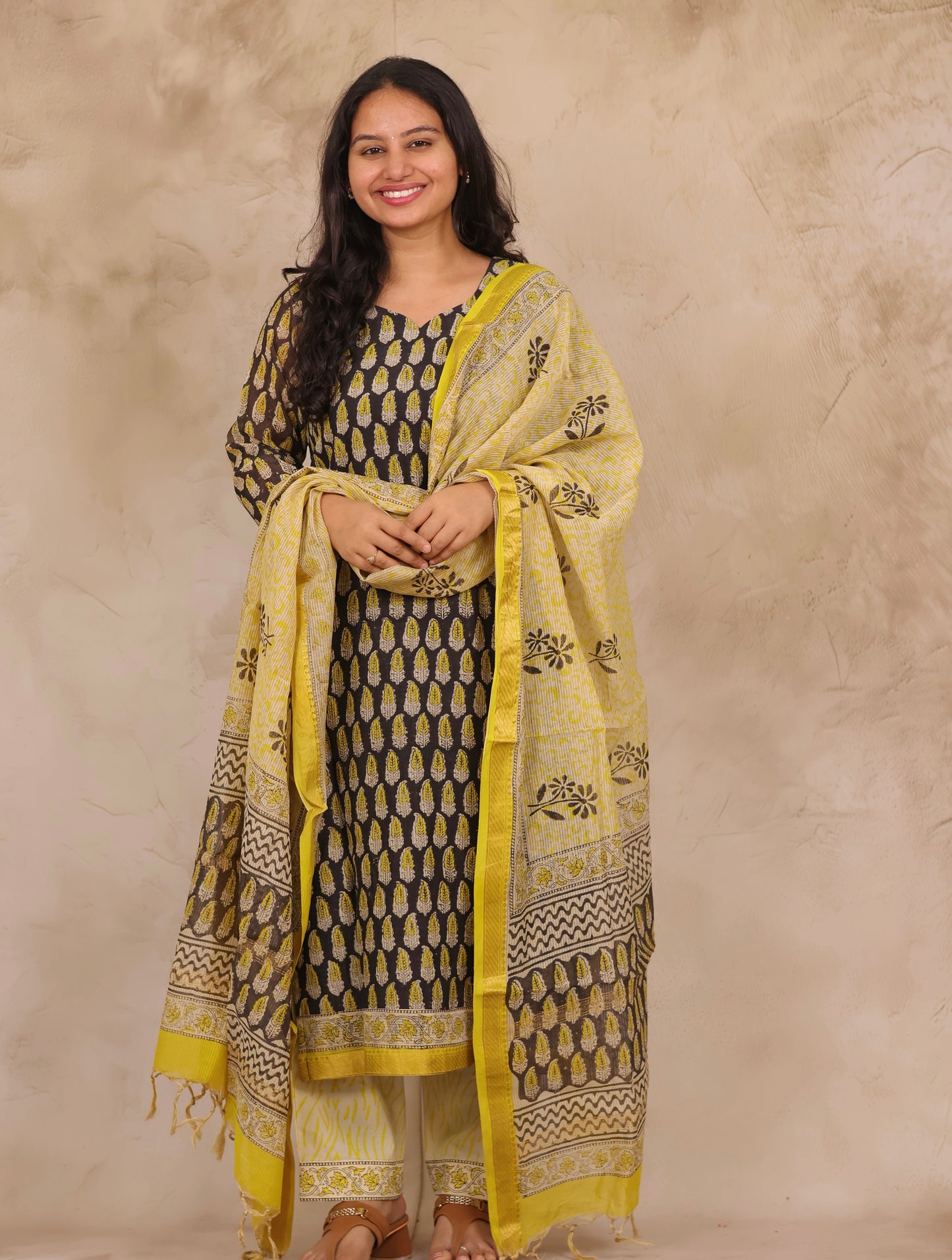 Black & Lemon Yellow Handblock printed Pure Maheswari Silk 3 piece suit (stitched)