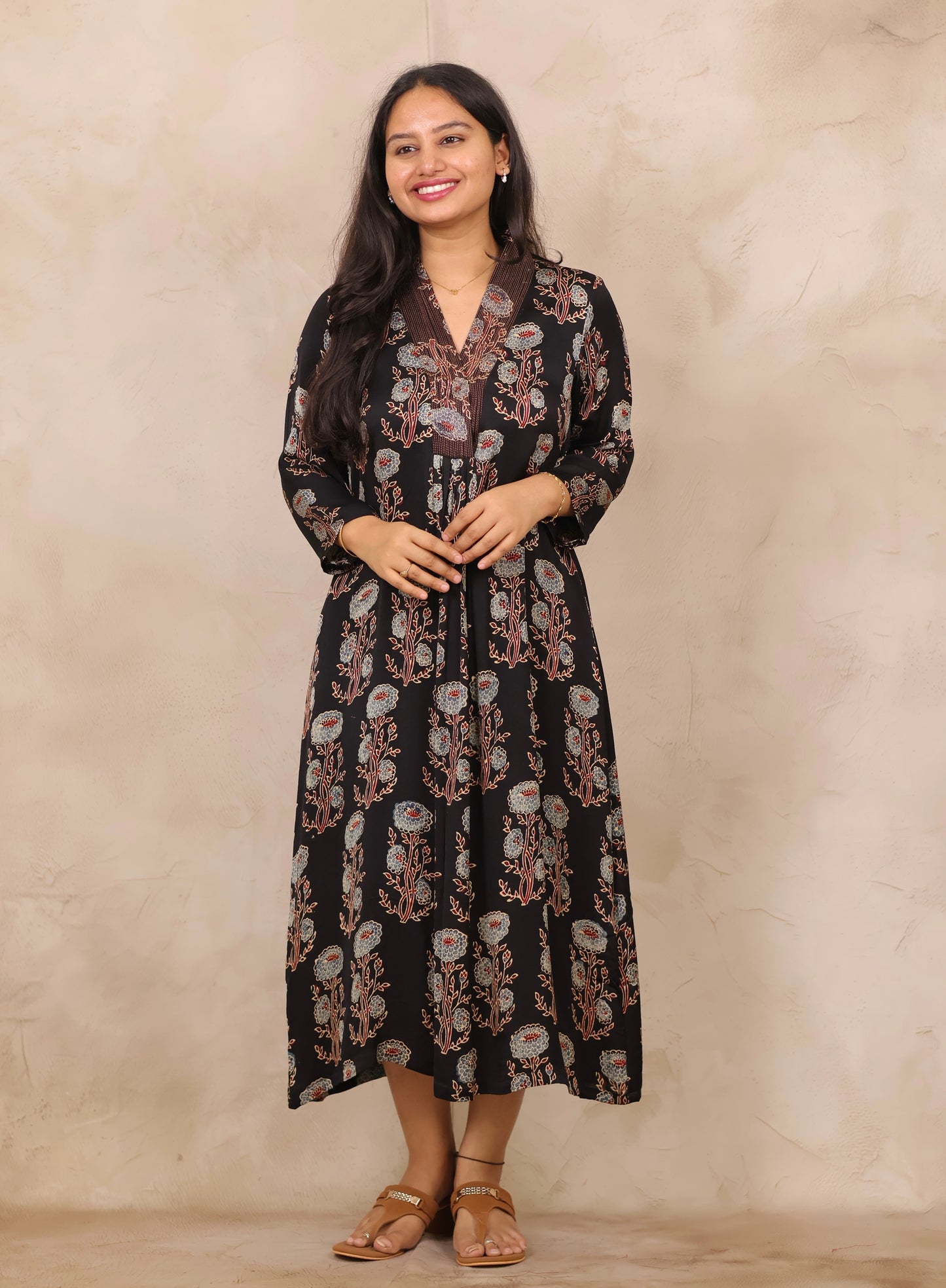 Black Ajrakh Modal Silk Aline Dress | Looms & Tassels