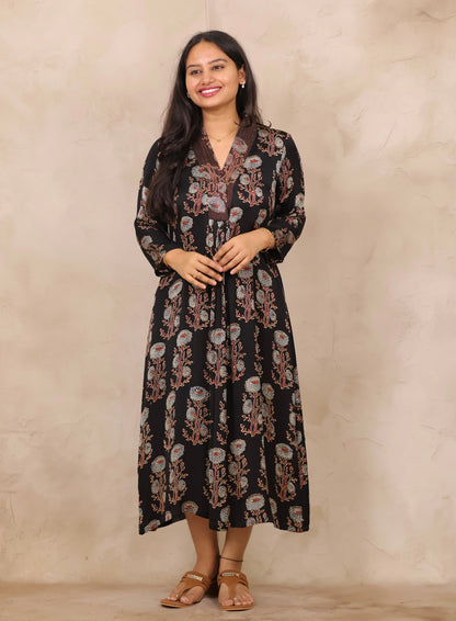 Black Ajrakh Modal Silk Aline Dress | Looms & Tassels