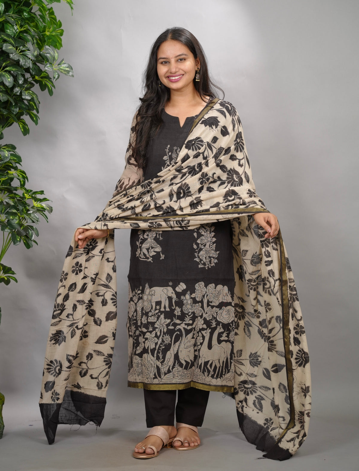 Black Kalamkari Kota Cotton 3 piece suit (stitched) | Looms & Tassels