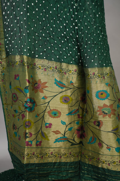Green Handcrafted Bandhani Paithani Dola Silk Saree | Looms & Tassels