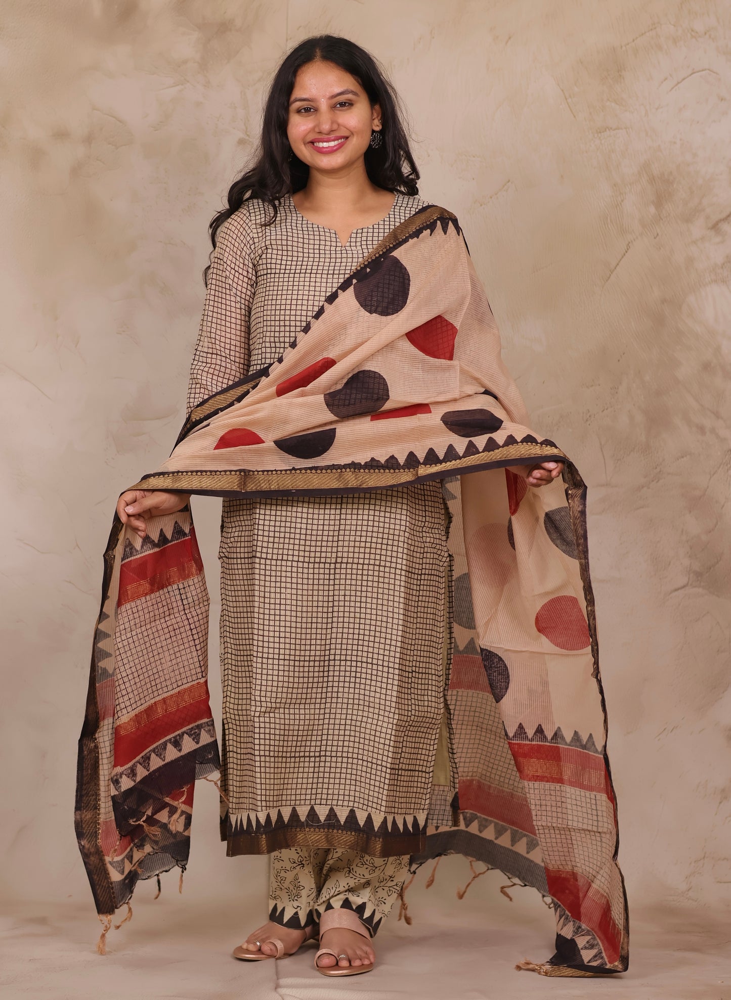 Cream stripes Handblock printed Pure Maheswari Silk 3 piece suit (stitched)