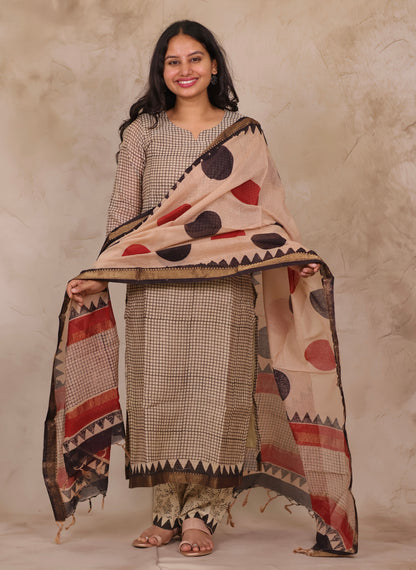 Cream stripes Handblock printed Pure Maheswari Silk 3 piece suit (stitched)