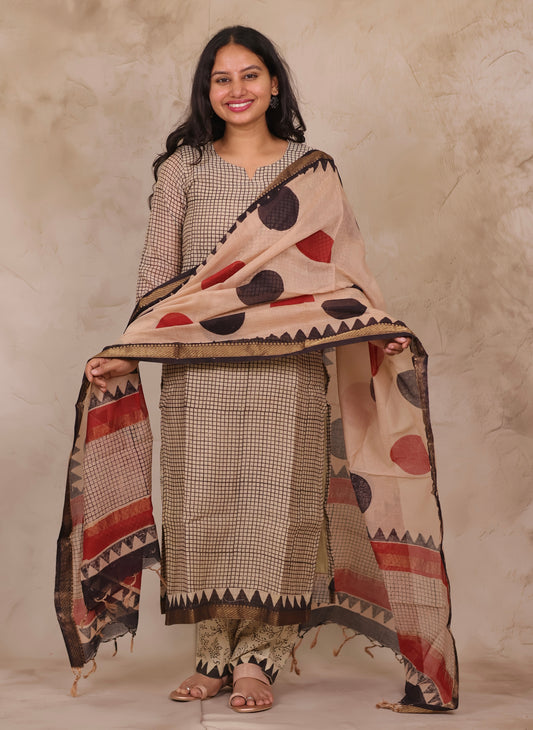 Cream stripes Handblock printed Pure Maheswari Silk 3 piece suit (stitched)