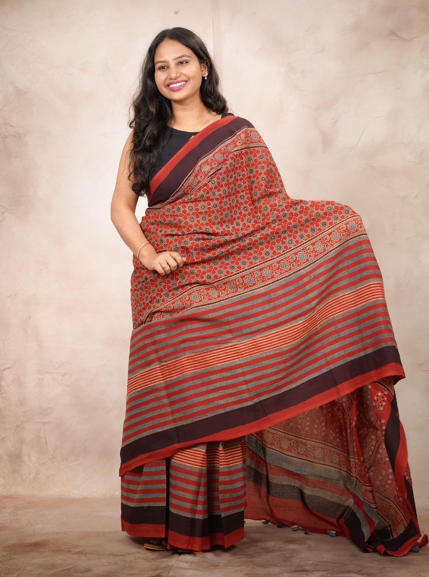 Red Ajrakh Hand Block Printed Cotton Saree | Looms & Tassels