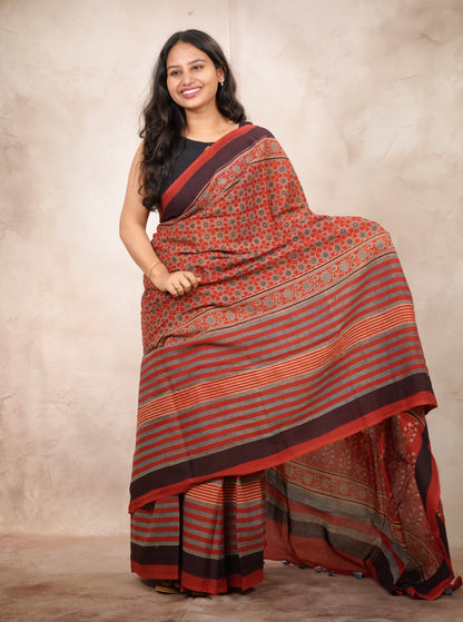 Red Ajrakh Hand Block Printed Cotton Saree | Looms & Tassels