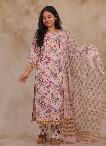 Pastel Pink Handblock printed Pure Mul Cotton with Kota Doria Duppata 3 piece suit (stitched)