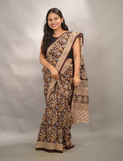 Maroon Hand Block Printed Kalamkari Cotton Saree | Looms & Tassels