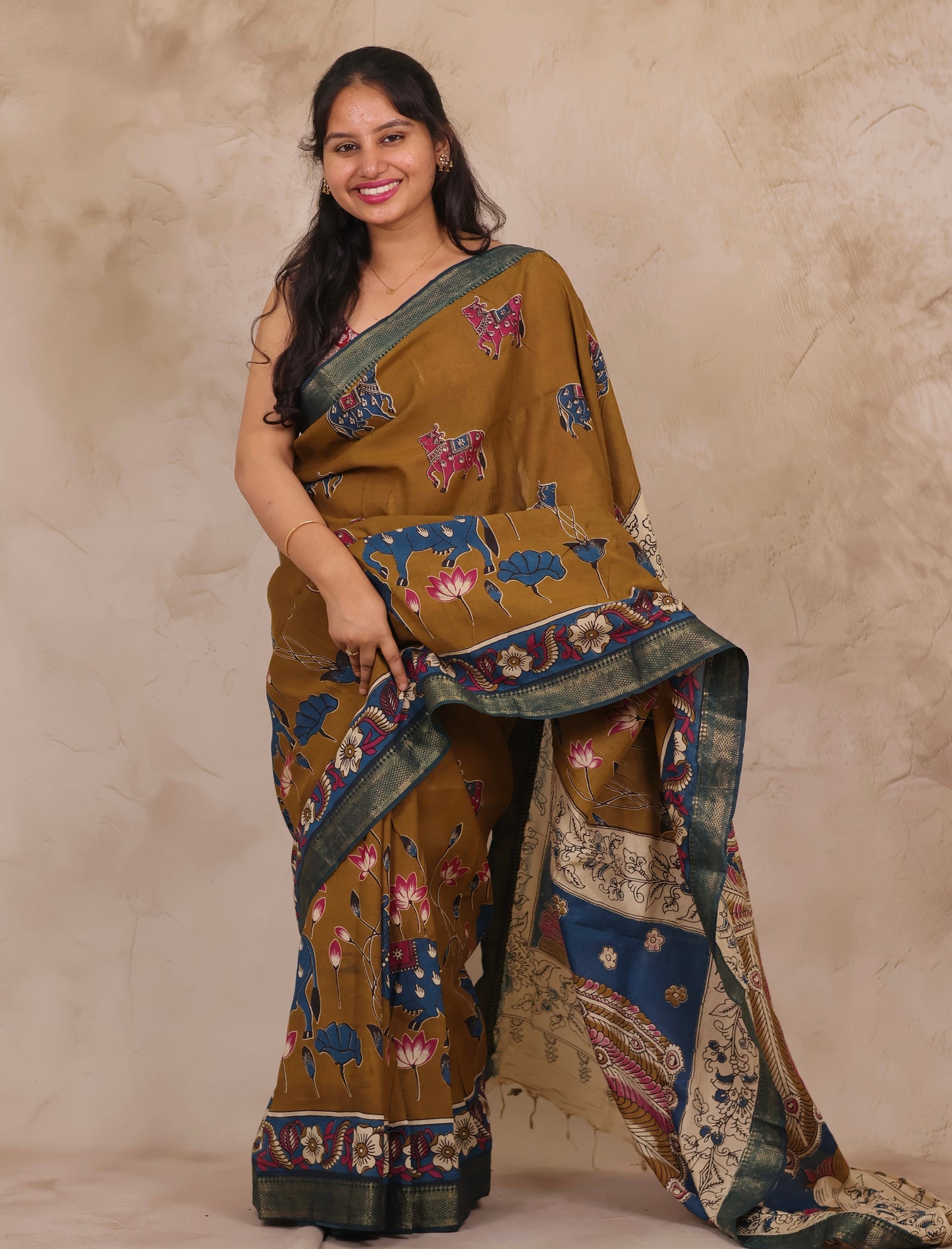Mustard Kalamkari Nizam Border Chennur Silk Saree | Looms & Tassels