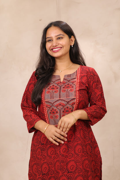 Red & Black Ajrakh Pattern Hand Block Cotton printed Kurti | Looms & Tassels