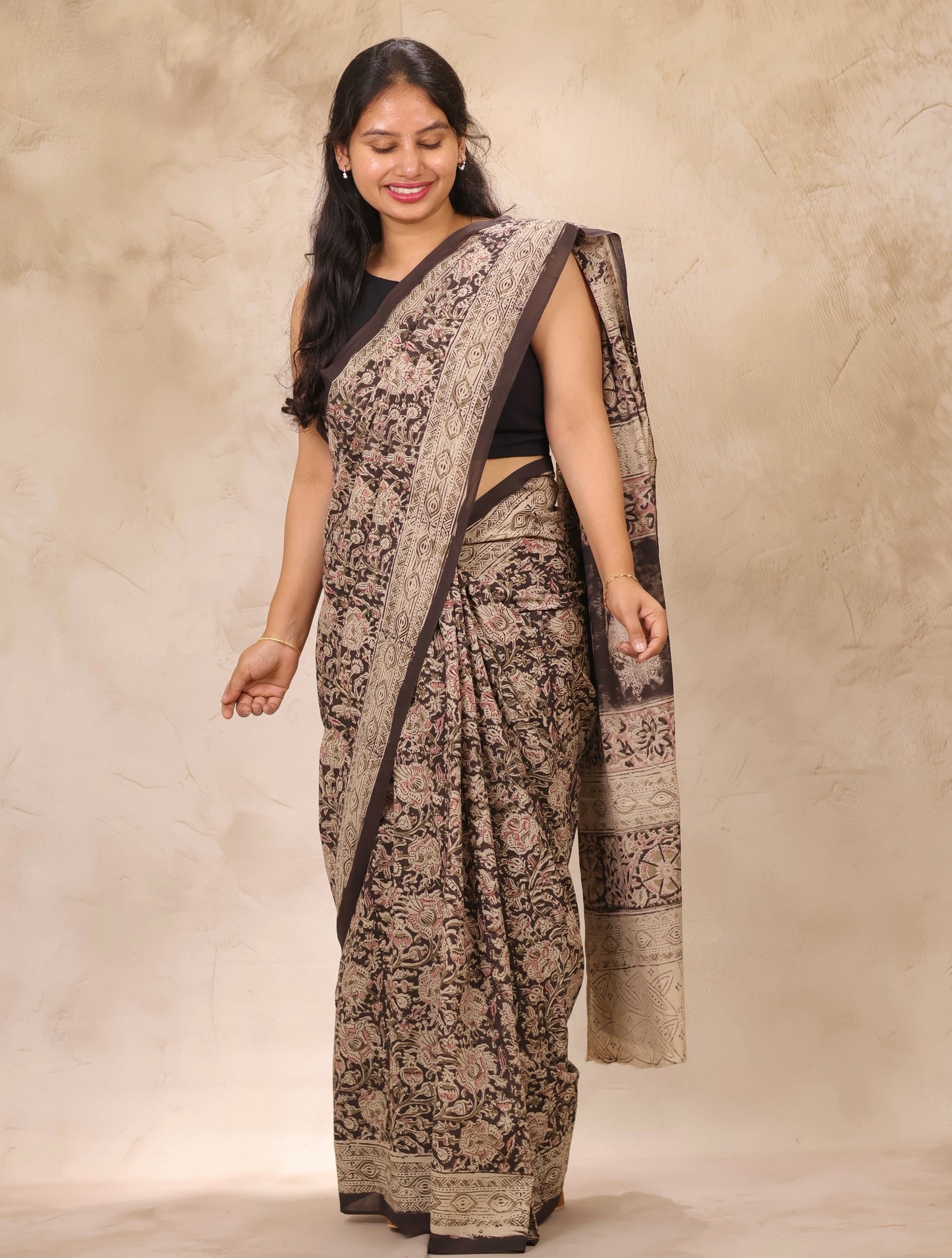 Black Hand Block Printed Kalamkari Cotton Saree | Looms & Tassels