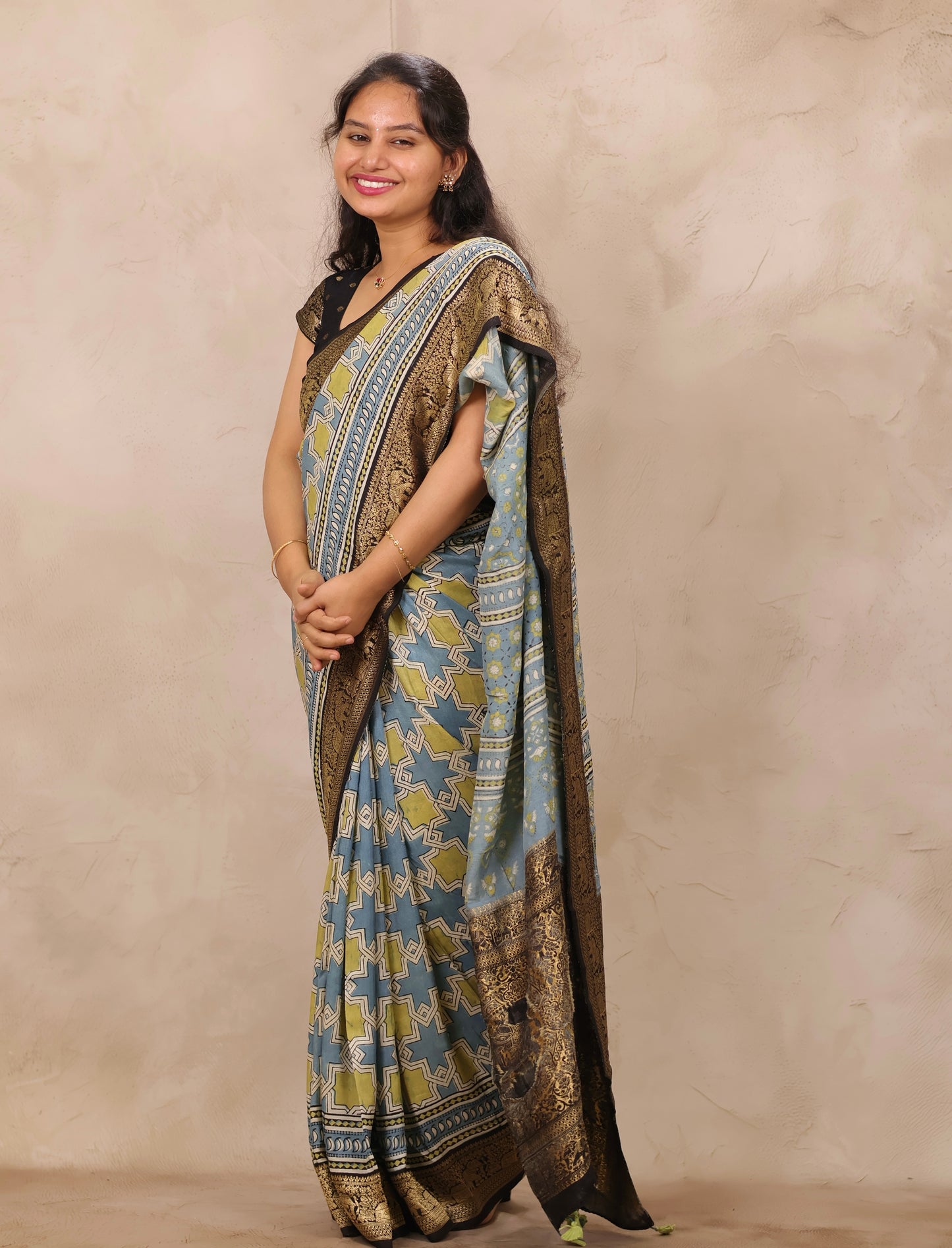 Sky Blue Ajrakh Handblock printed Dola Silk Saree | Looms & Tassels