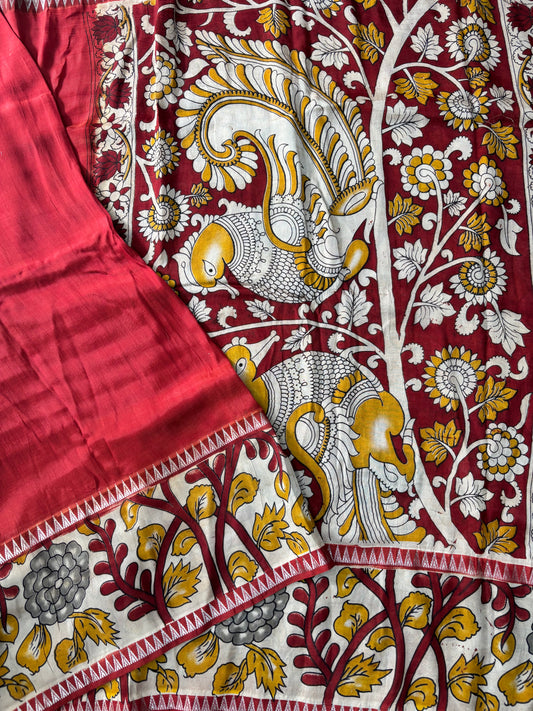 Maroon Kalamkari dyeing premium Chennur silk saree