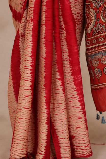 Red Needle Shibori and Ajrakh Handblock Printed Modal Silk Saree | Looms & Tassels
