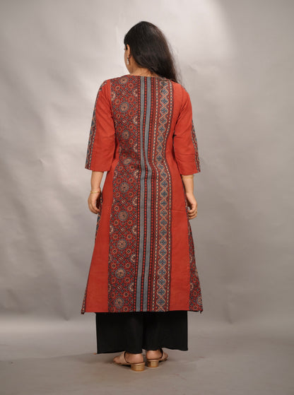 Red Ajrakh Pattern Hand Block printed Kurti | Looms & Tassels