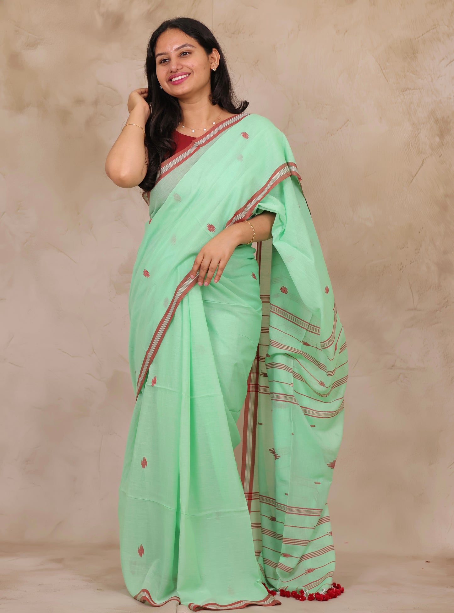 Pastel Handwoven Malai Cotton Saree| Looms & Tassels