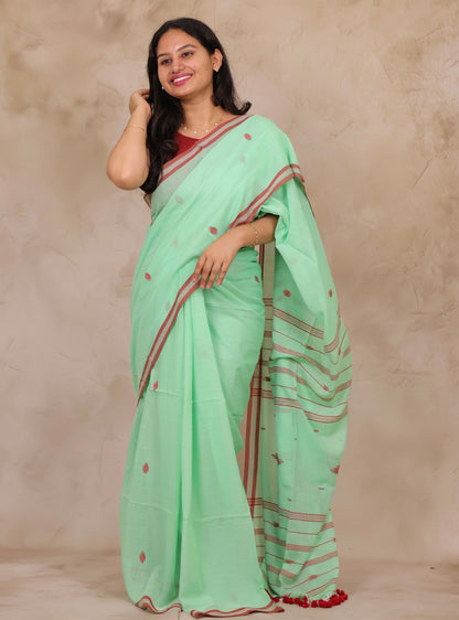 Pastel Handwoven Malai Cotton Saree| Looms & Tassels