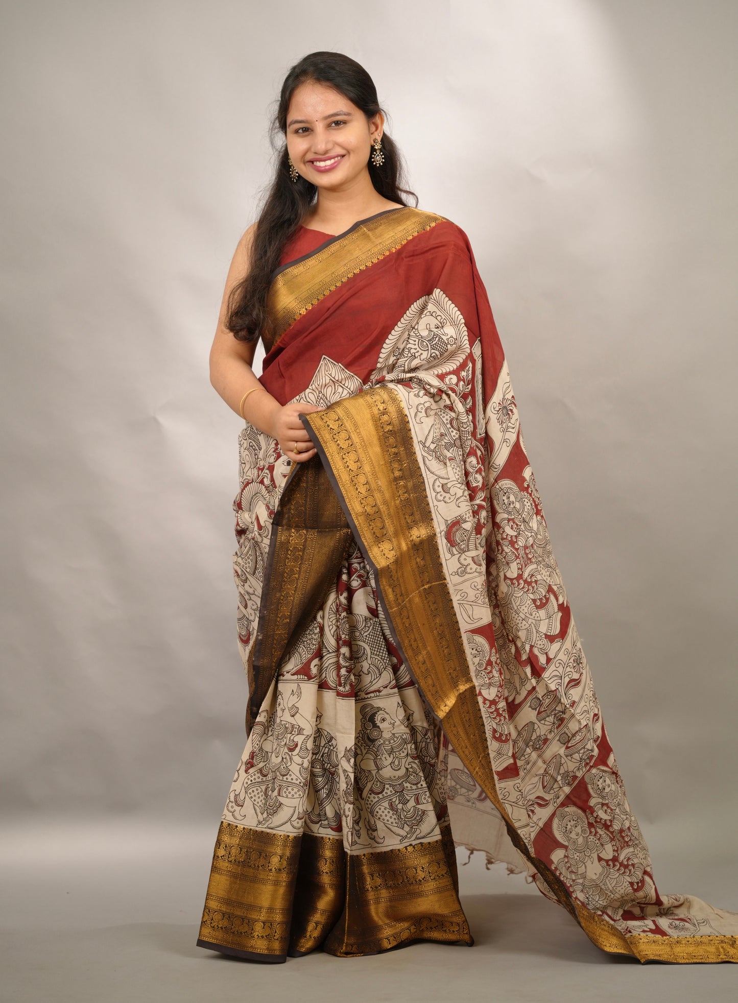 Red Kanchi border Kalamkari chennur silk saree| Looms & Tassels