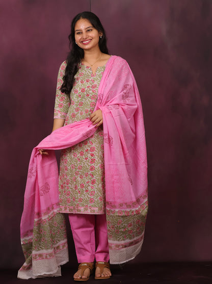 Grey & Pink Handblock printed Pure Mul Cotton with Mul Cotton Duppata 3 piece suit (stitched)
