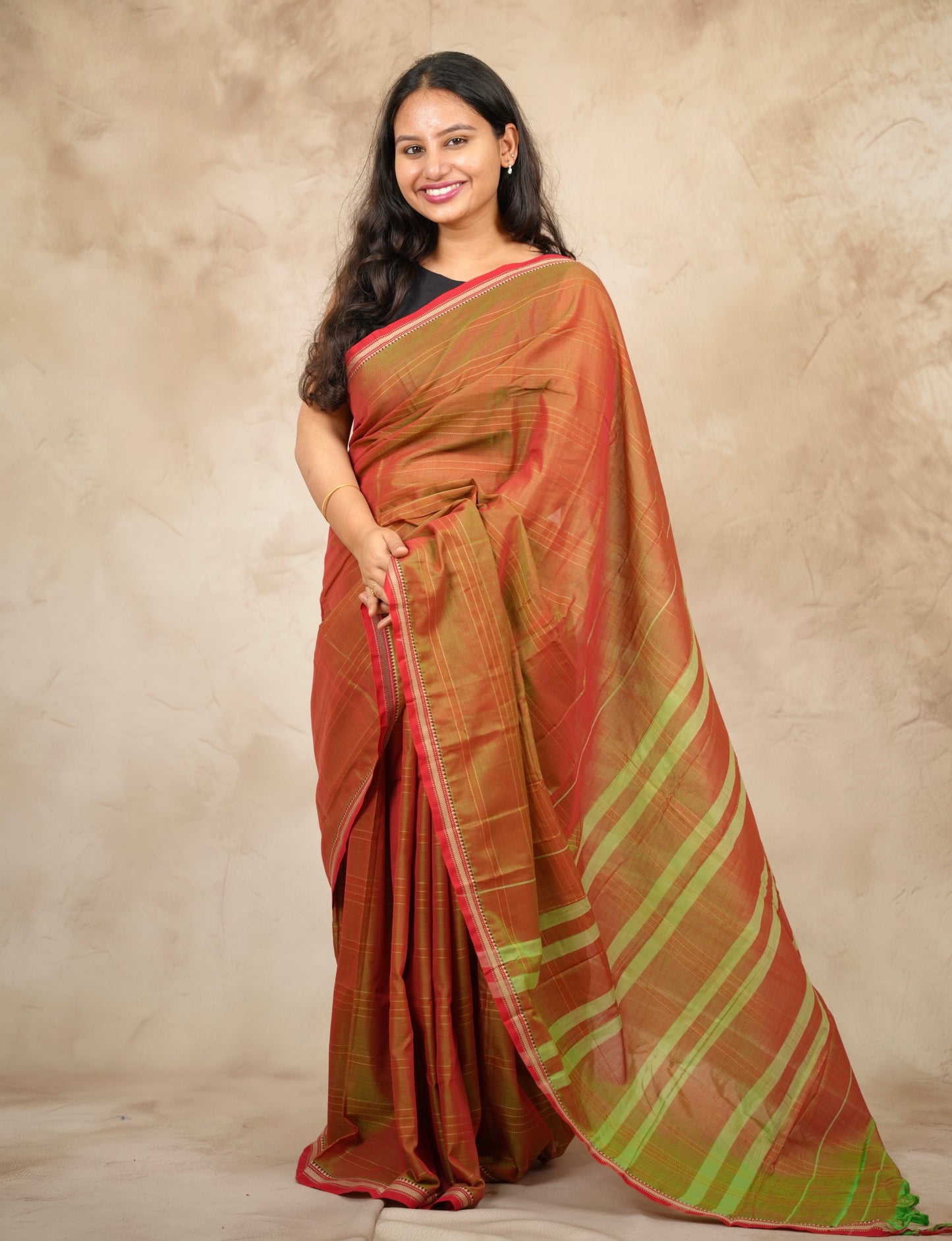 Orange Duel Tone Narayanpet Cotton Saree lines weaving | Looms & Tassels