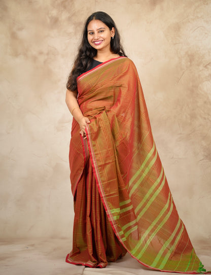 Orange Duel Tone Narayanpet Cotton Saree lines weaving | Looms & Tassels