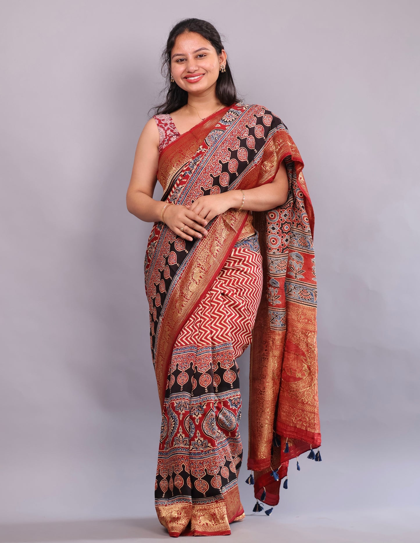Red Ajrakh Handblock printed Dola Silk Saree | Looms & Tassels