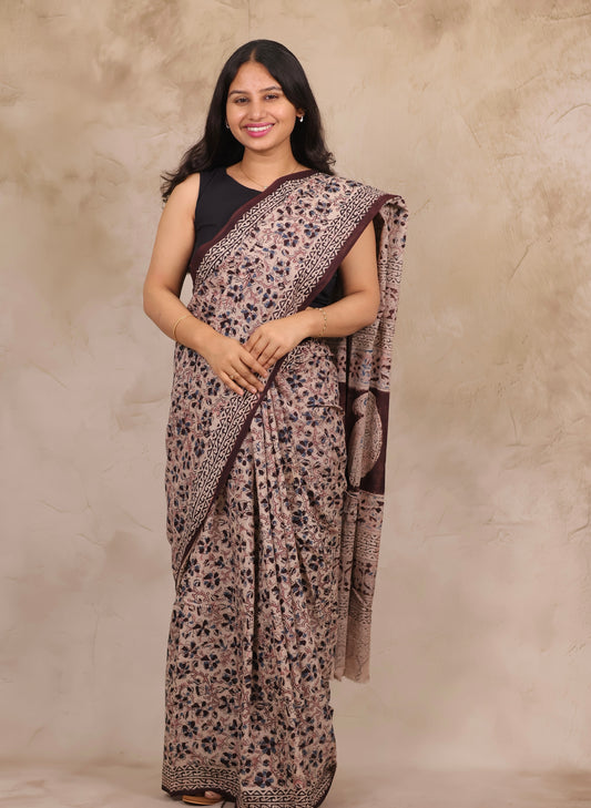 Cream Hand Block Printed Kalamkari Cotton Saree | Looms & Tassels