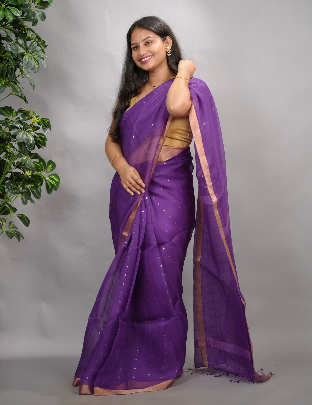 Purple Handwoven Muslin Silk Saree With Sequence Work | Looms & Tassels