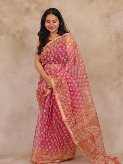 Pink Pure Kota Doria Saree with Bagru Handblock Prints | Looms & Tassels