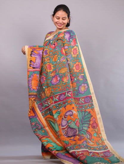 Sea Green Hand Painted Pen Kalamkari Bangalore Silk Saree with Sungdi Borders