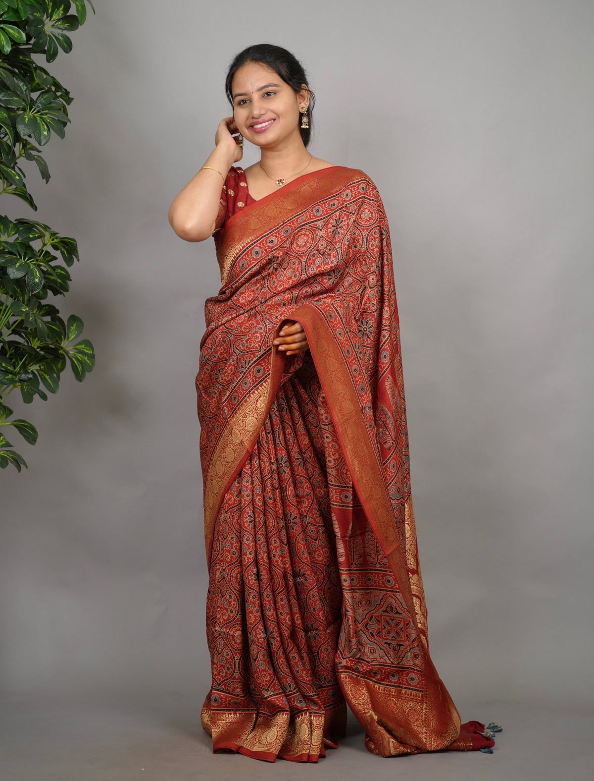 Maroon Ajrakh Handblock printed Dola Silk Saree| Looms & Tassels