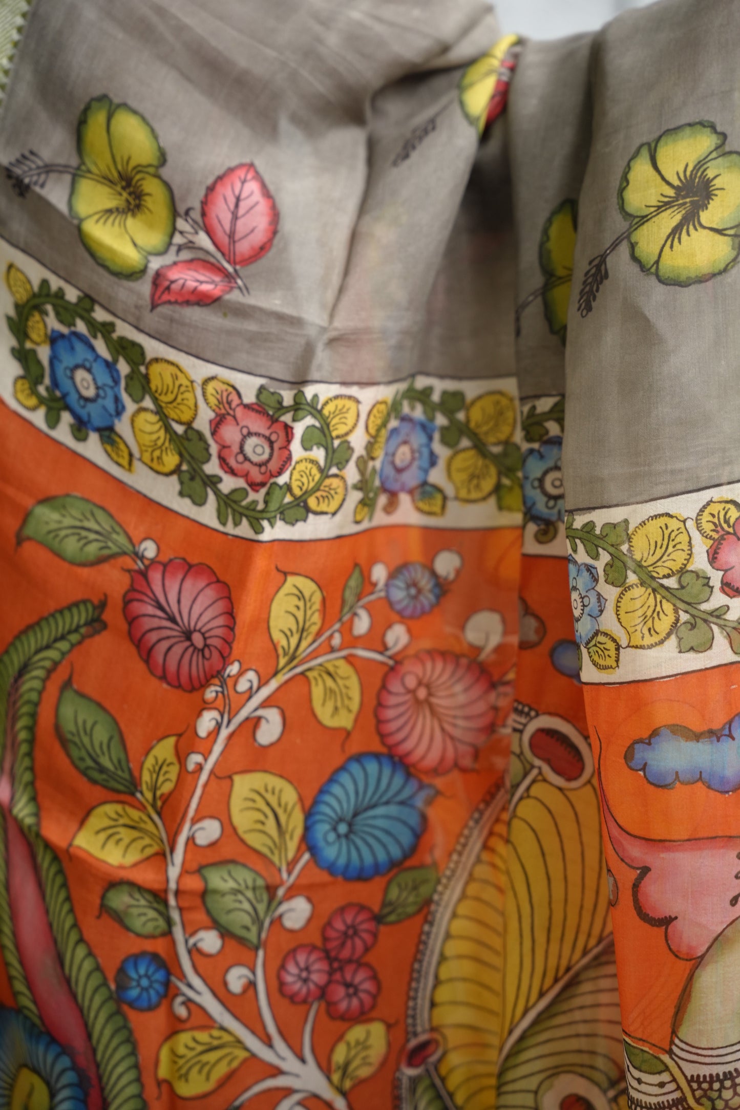 Grey Pen Kalamkari Mangalagiri silk Dupatta
